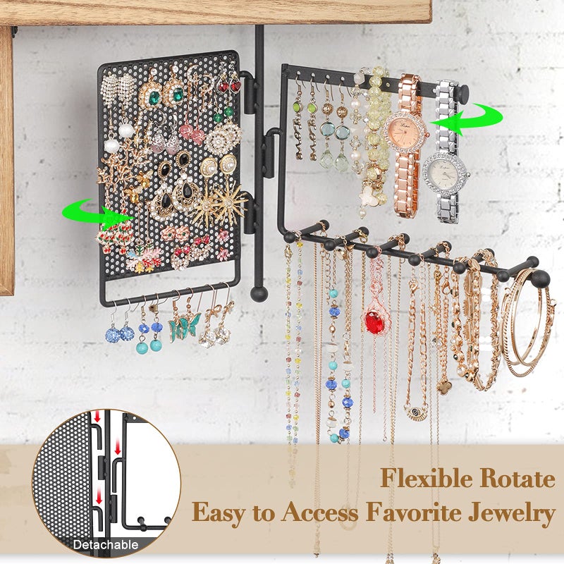 SOLIMINTR Hanging Jewelry Organizer Wall Mount with Rustic Wood Shelf, Ring Display Box, Ear Studs Earring Holder, Rotating Necklace Holder Organizer - Image 3
