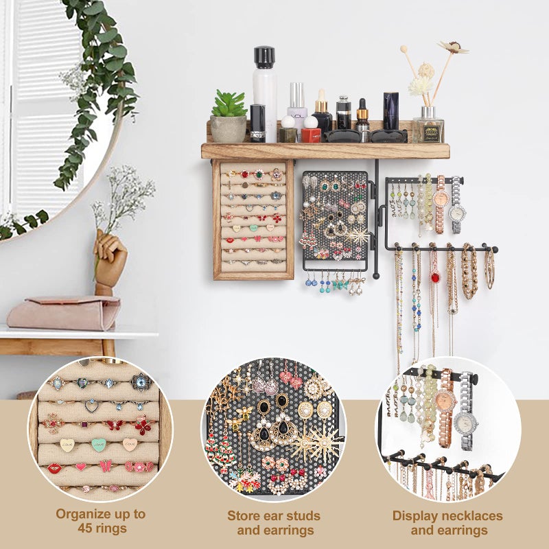 SOLIMINTR Hanging Jewelry Organizer Wall Mount with Rustic Wood Shelf, Ring Display Box, Ear Studs Earring Holder, Rotating Necklace Holder Organizer - Image 2