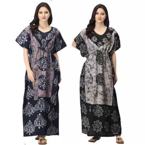 Ukal Combo Pack of 2 Women's Cotton Batik Printed Nighty Maxi Loungewear Kaftan Night Gown Dress Free Size (Color_5, Cotton) - Image 1