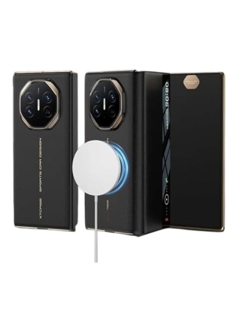 Aookay for Huawei Mate XT Magnetic Leather Case, Triple Folding Clamshell with Dual Magnetic Ring, Strong Magnetic Support for Magsafe Phone Grip, Smart Window Display for Huawei Mate XT (Black) - Image 1