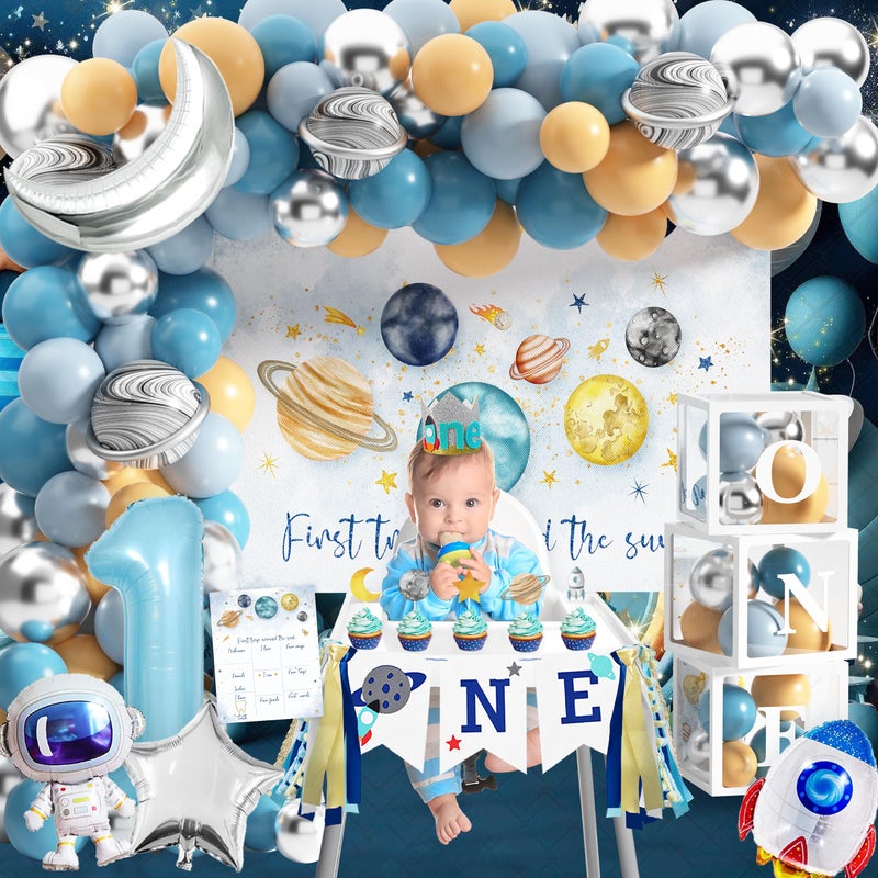 BORAMDO First Trip Around The Sun Birthday Party Decorations for boy 1st Birthday Supplies First Trip Around The Sun Backdrop Balloons Garland Monthly Photo Banner Space Theme Party Decor - Image 5