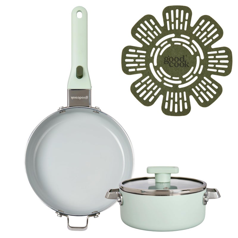 GoodCook Ceramic Cookware Set 5-Piece with Removable Handle, Induction Compatible, Nonstick and Oven Safe with 8-Inch Frypan, Sage Green - Image 1