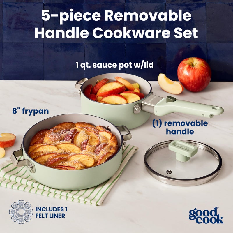 GoodCook Ceramic Cookware Set 5-Piece with Removable Handle, Induction Compatible, Nonstick and Oven Safe with 8-Inch Frypan, Sage Green - Image 2