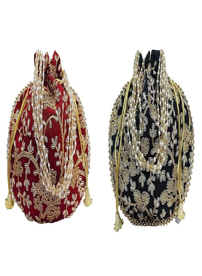 ATHZ Potli bag (Pack of 2 Potli) Maroon and Black Matka Designer Potli handbags for Women and Girls wedding party - Image 1