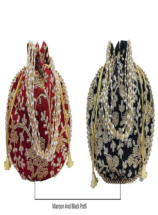 ATHZ Potli bag (Pack of 2 Potli) Maroon and Black Matka Designer Potli handbags for Women and Girls wedding party - Image 5