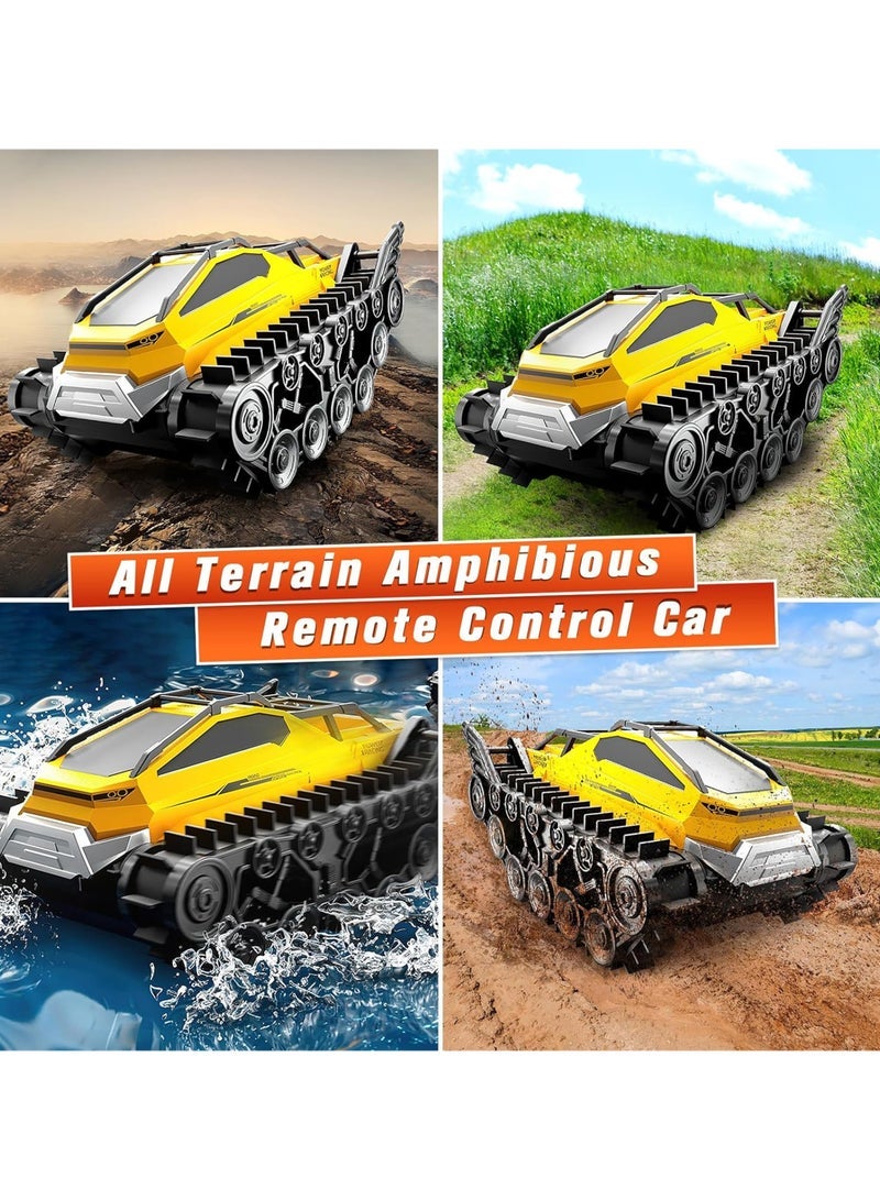 مشاريع تعز سيارة برمائية للتحكم عن بعد ، مقاومة للماء 4WD RC Monster Truck 2.4 جيجا هرتز لجميع التضاريس سيارة قارب على الطرق الوعرة ، 360 دبابة دوارة ألعاب مجنزرة للأطفال الأولاد والبنات من العمر 6 7 8 9 10 11 12 هدايا عيد ميلاد ، أصفر - Image 3