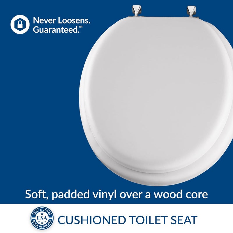 Mayfair Padded Toilet Seat with Chrome Hinges, Soft Vinyl over Wood Core Seat, Made in USA, Round, White - Image 2