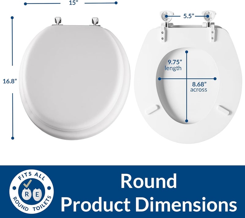 Mayfair Padded Toilet Seat with Chrome Hinges, Soft Vinyl over Wood Core Seat, Made in USA, Round, White - Image 4