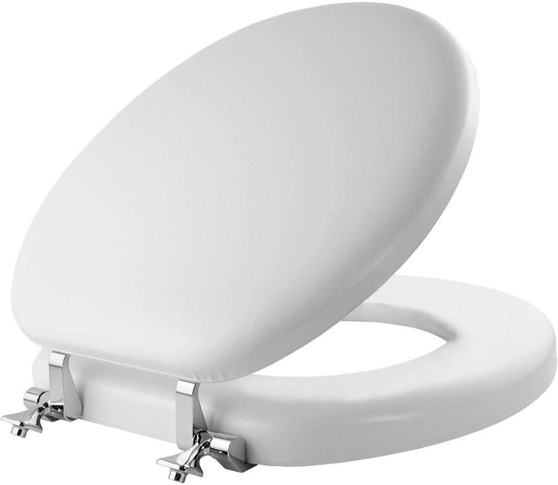 Mayfair Padded Toilet Seat with Chrome Hinges, Soft Vinyl over Wood Core Seat, Made in USA, Round, White - Image 1