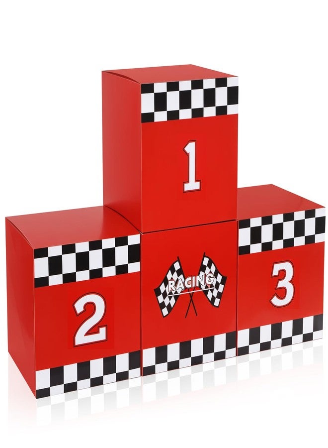 Zhanmai 4 Pcs Large Racing Car Party Boxes 11.8 x 11.8 Inch Goodie Checkered Boxes for Birthday Decor Truck Theme Race Car Podium Centerpiece Decorations Cardboard Party Favors(Red) - Image 1