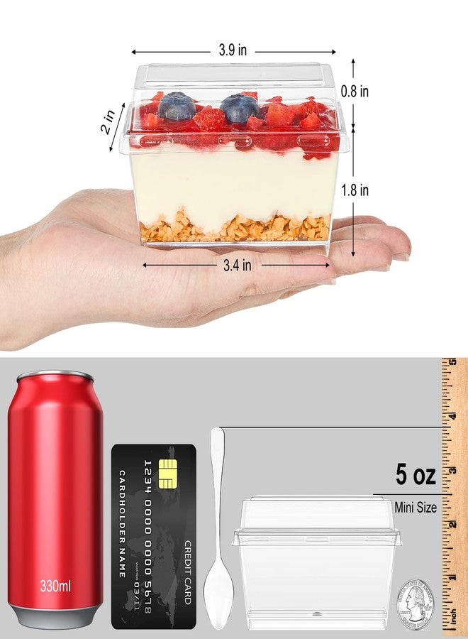 TOFLEN 50 Pack 5 oz Dessert Cups with Lids and Spoons, Mini Clear Plastic Parfait Cups, Rectangle Party Serving Bowls for Parfait, Appetizers, Mousse, Pudding - Image 2