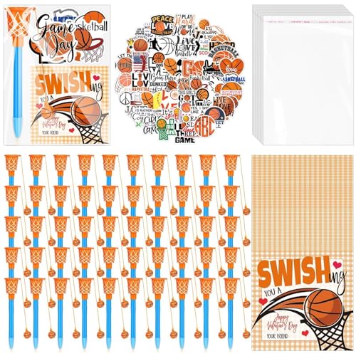Gosodeny 50 Pack Basketball Party Favor Set with Mini Hoop Pens Stickers Exchange Cards and Gift Bags Bulk Gifts Sports Birthday Goodie Bag Fillers for Adult - Image 1