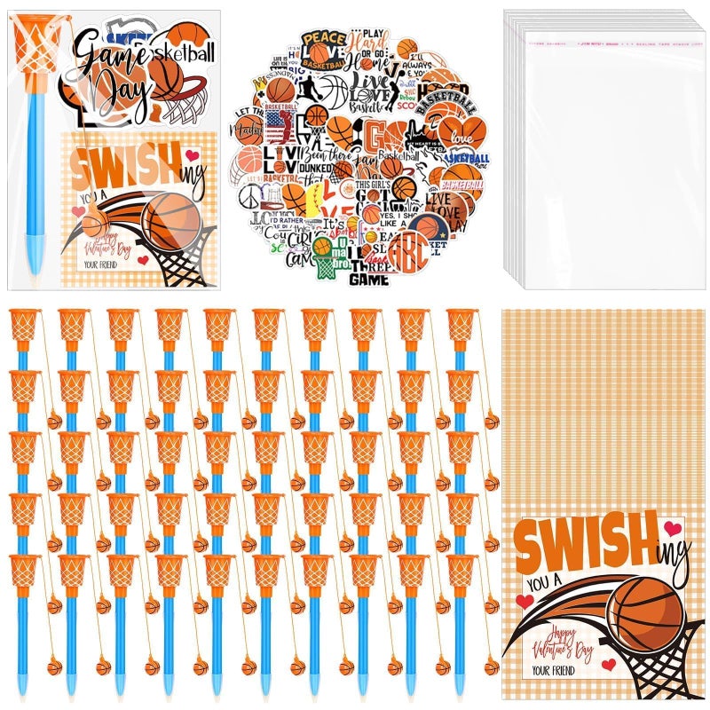 Gosodeny 50 Pack Basketball Party Favor Set with Mini Hoop Pens Stickers Exchange Cards and Gift Bags Bulk Gifts Sports Birthday Goodie Bag Fillers for Adult - Image 3
