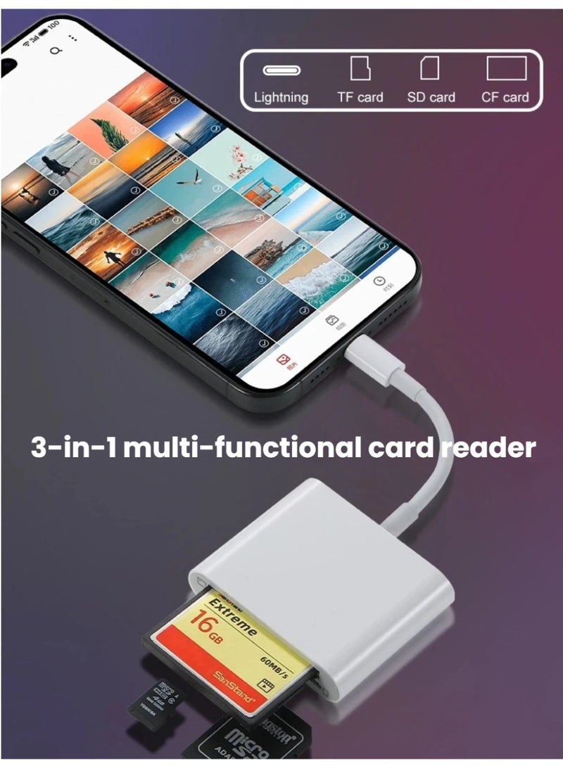 3-in-1 Lightning Multi Card Reader for iPhone | Supports CF/SD/TF – Plug u0026 Play - Image 2