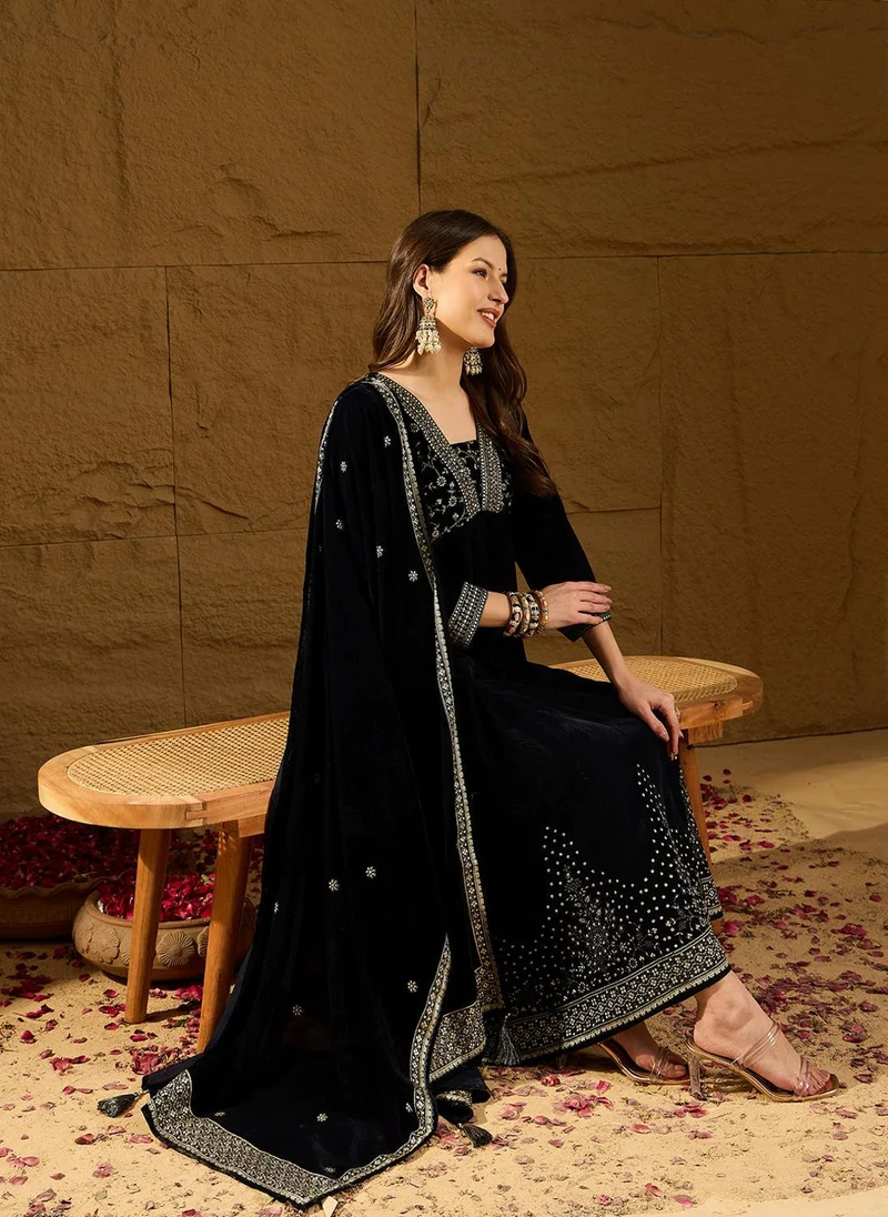 ZERESOUQ Navy Blue Velvet Floral Printed 3-Piece Anarkali Set