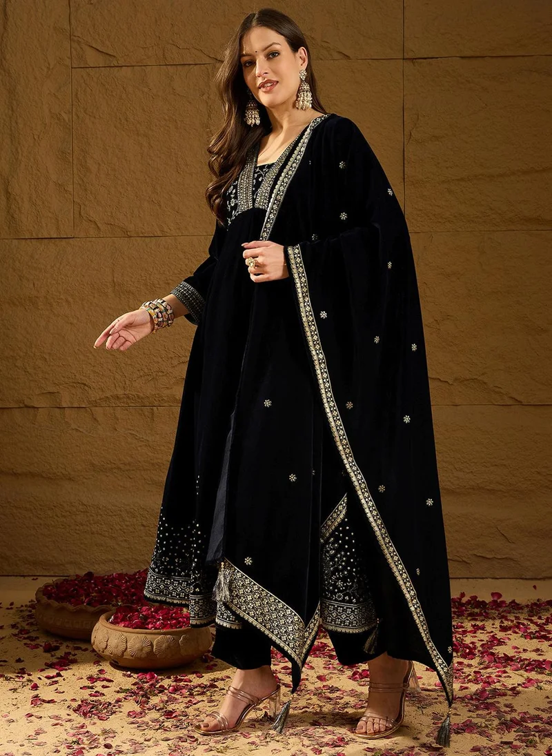 ZERESOUQ Navy Blue Velvet Floral Printed 3-Piece Anarkali Set