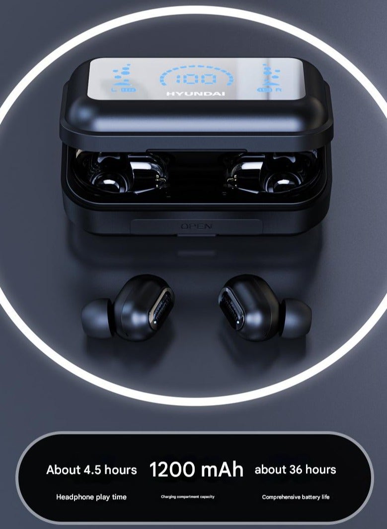 HYUNDAI T04 Creative Screen Display True Wireless TWS Bluetooth Sports Earphones Digital Display With 1200mAh Powerbank Case - Black