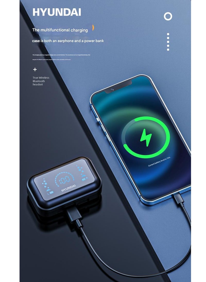 HYUNDAI T04 Creative Screen Display True Wireless TWS Bluetooth Sports Earphones Digital Display With 1200mAh Powerbank Case - Black