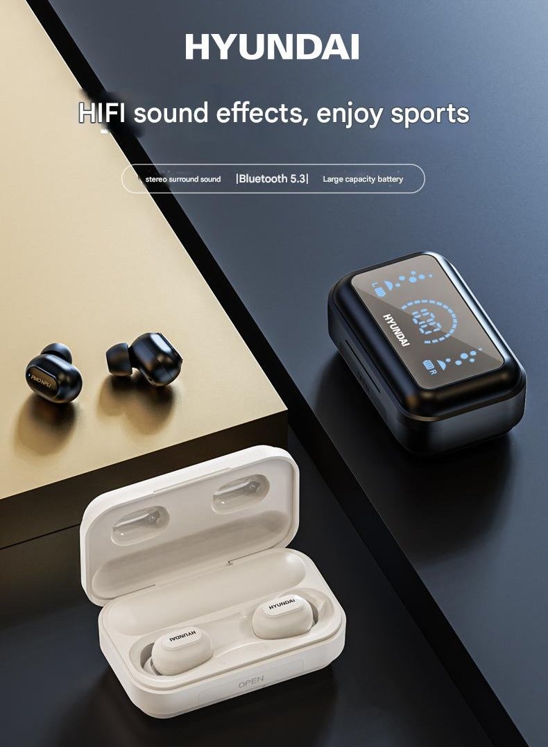 HYUNDAI T04 Creative Screen Display True Wireless TWS Bluetooth Sports Earphones Digital Display With 1200mAh Powerbank Case - Black