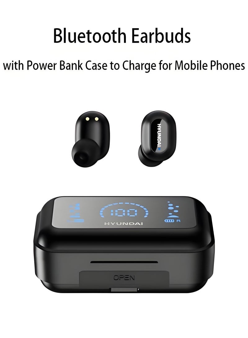 HYUNDAI T04 Creative Screen Display True Wireless TWS Bluetooth Sports Earphones Digital Display With 1200mAh Powerbank Case - Black