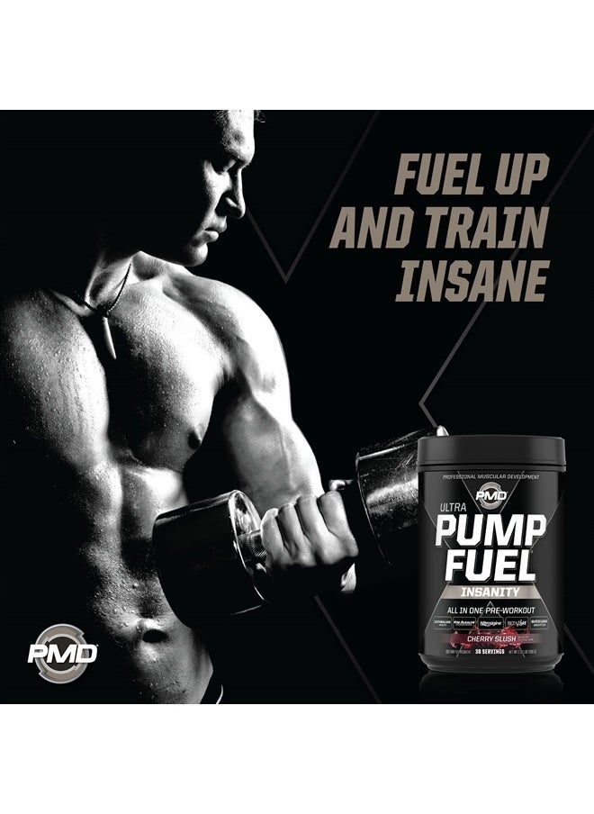 PMD - Sports Ultra Pump Fuel Insanity - Pre Workout Drink Mix for Energy, Strength, Endurance, Recovery - Complex Carbohydrates and Amino Energy - Cherry Slush (30 Servings) - Image 1