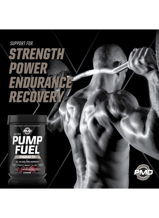 PMD - Sports Ultra Pump Fuel Insanity - Pre Workout Drink Mix for Energy, Strength, Endurance, Recovery - Complex Carbohydrates and Amino Energy - Cherry Slush (30 Servings) - Image 1