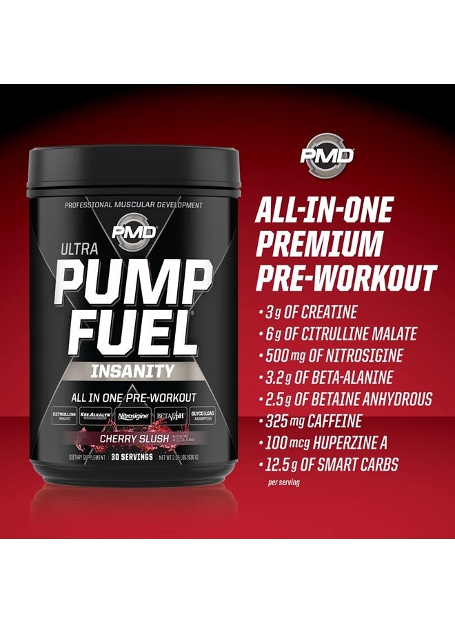 PMD - Sports Ultra Pump Fuel Insanity - Pre Workout Drink Mix for Energy, Strength, Endurance, Recovery - Complex Carbohydrates and Amino Energy - Cherry Slush (30 Servings) - Image 1
