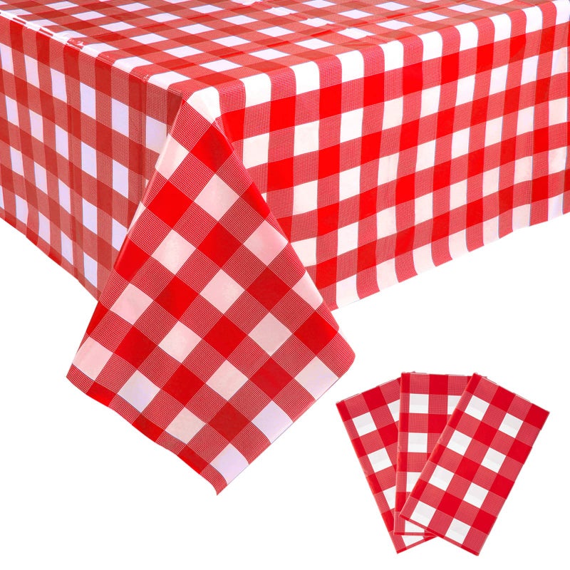 Kesfey Red and White Checkered Tablecloths 3 Packs Red Gingham Plastic Table Cloths 54 X 108 Inches Disposable Waterproof Party Picnic Table Covers Rectangle Checkered Tablecover for Birthday Decor - Image 1