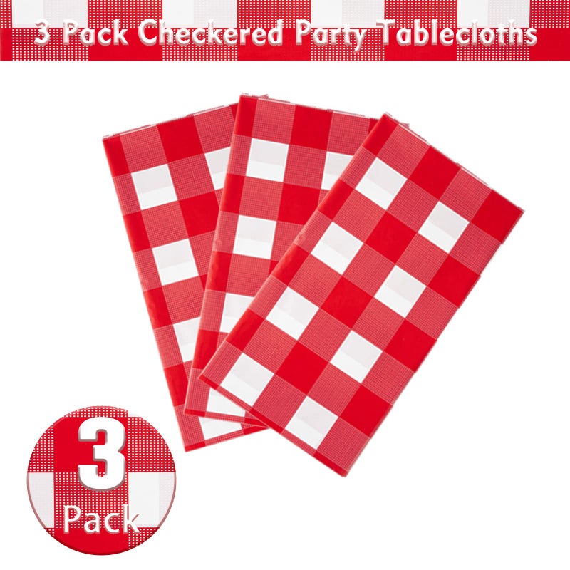 Kesfey Red and White Checkered Tablecloths 3 Packs Red Gingham Plastic Table Cloths 54 X 108 Inches Disposable Waterproof Party Picnic Table Covers Rectangle Checkered Tablecover for Birthday Decor - Image 3