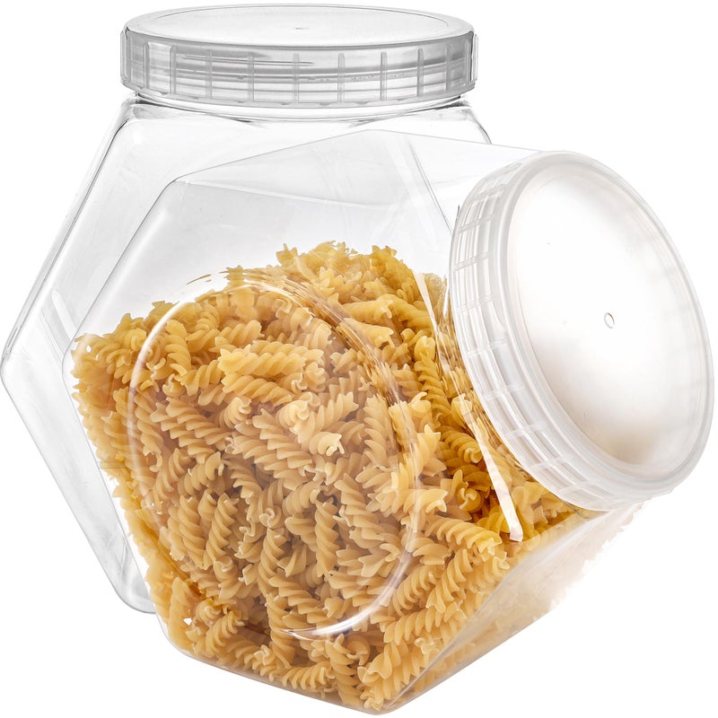 SOUJOY 2 Pack Plastic Candy Jar with Lid 1 Gallon Cookie Containers for Kitchen Counter Clear Hexagon Candy Display for Snacks Dog Treats Craft and Sewing Supplies Coffee Pod Laundry Pod