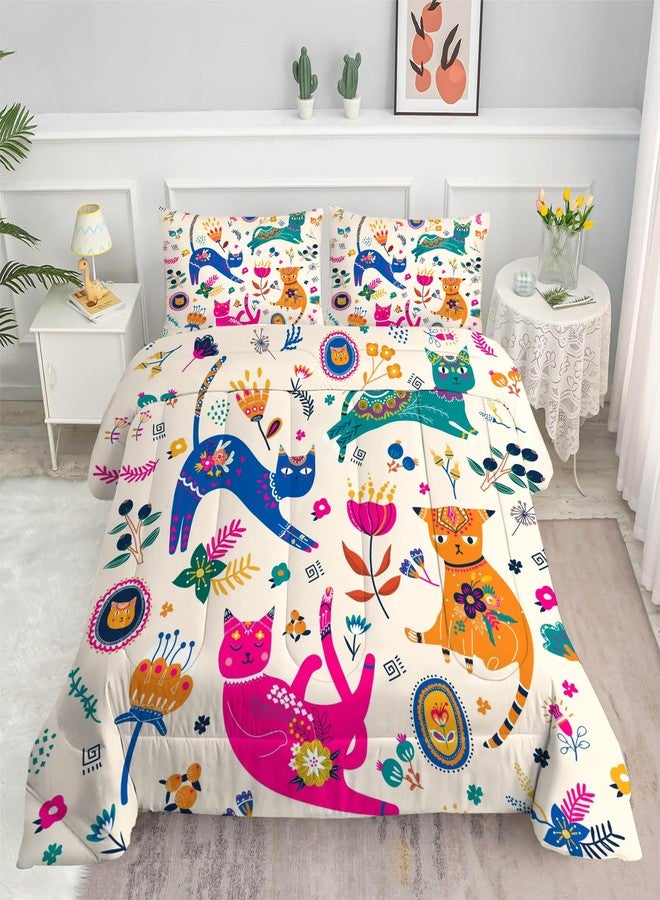 EDGZKO Cat Comforter Set Twin: Cute Floral Cats Twin Bedding Sets for Girls Kids Teens Toddler Cartoon Flowers Kawaii Animals Print Quilt Duvet Bed Set with 1 Comforter & 1 Pillowcase - Image 3