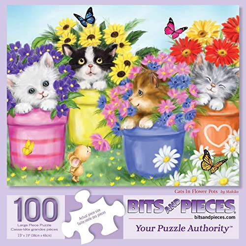 Bits and Pieces بزات وبيس 100 قطعة لغز كبير للبالغين قطط في أصص زهور جرو ملون فراشة حلوة حديقة لغز بواسطة ماكيكو - Image 5