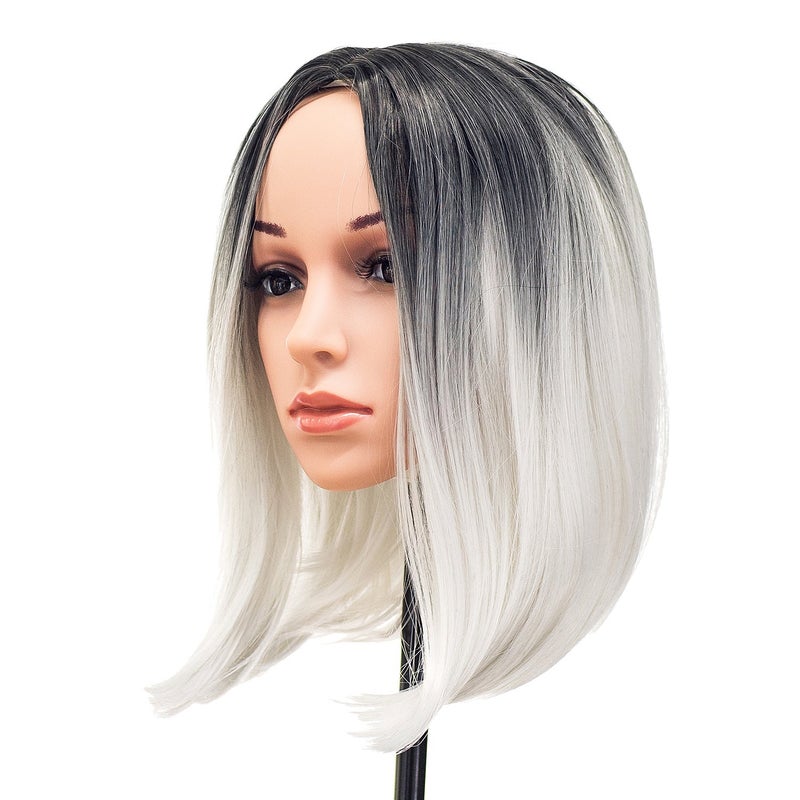 SWACC Ombre Colors Straight Short Hair Bob Wig Synthetic Colorful Cosplay Daily Party Flapper Wig for Women with Wig Cap (Grey) - Image 1