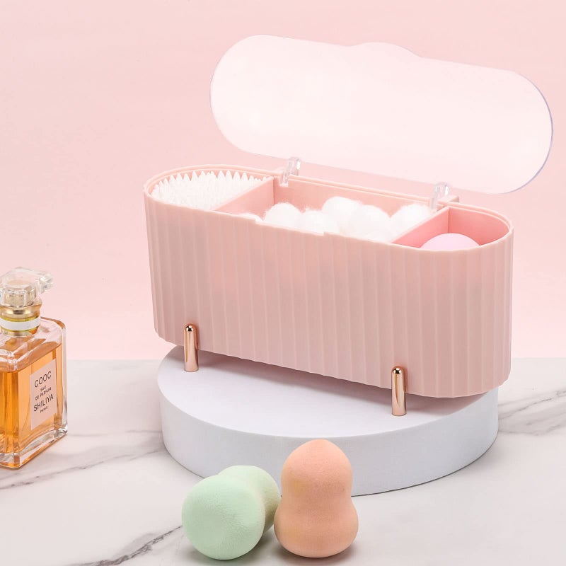 Tecbeauty Qtips Holder - 3 Grids Separate Cotton Swabs Dispenser, Ball Storage Box, Jar for Pads, Bathroom Organizer Canisters - Pink - Image 2