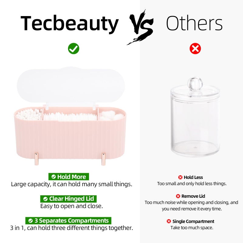 Tecbeauty Qtips Holder - 3 Grids Separate Cotton Swabs Dispenser, Ball Storage Box, Jar for Pads, Bathroom Organizer Canisters - Pink - Image 3