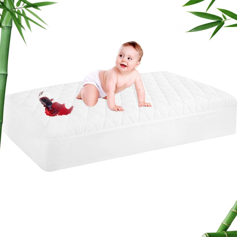 GRT 1 Pack Waterproof Crib Mattress Protector Rayon Made from Bamboo,Quilted Baby Mattress Cover Fitted Deep Pocket from 4" up to 9", Extra Breathable & Noiseless Toddler Mattress Pad 52"x28", White - Image 1