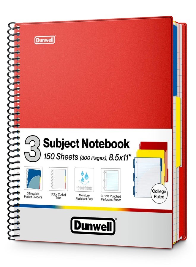 Dunwell دفتر دانويل بثلاثة أقسام، مسطر، مقاس 8.5 × 11 بوصة (أحمر) - 150 ورقة/300 صفحة، دفتر حلزوني مقاس 8.5 × 11 بوصة مع علامات تبويب، فواصل متحركة، جيوب، غلاف بلاستيكي أمامي/خلفي، دفتر متعدد الأقسام - Image 1