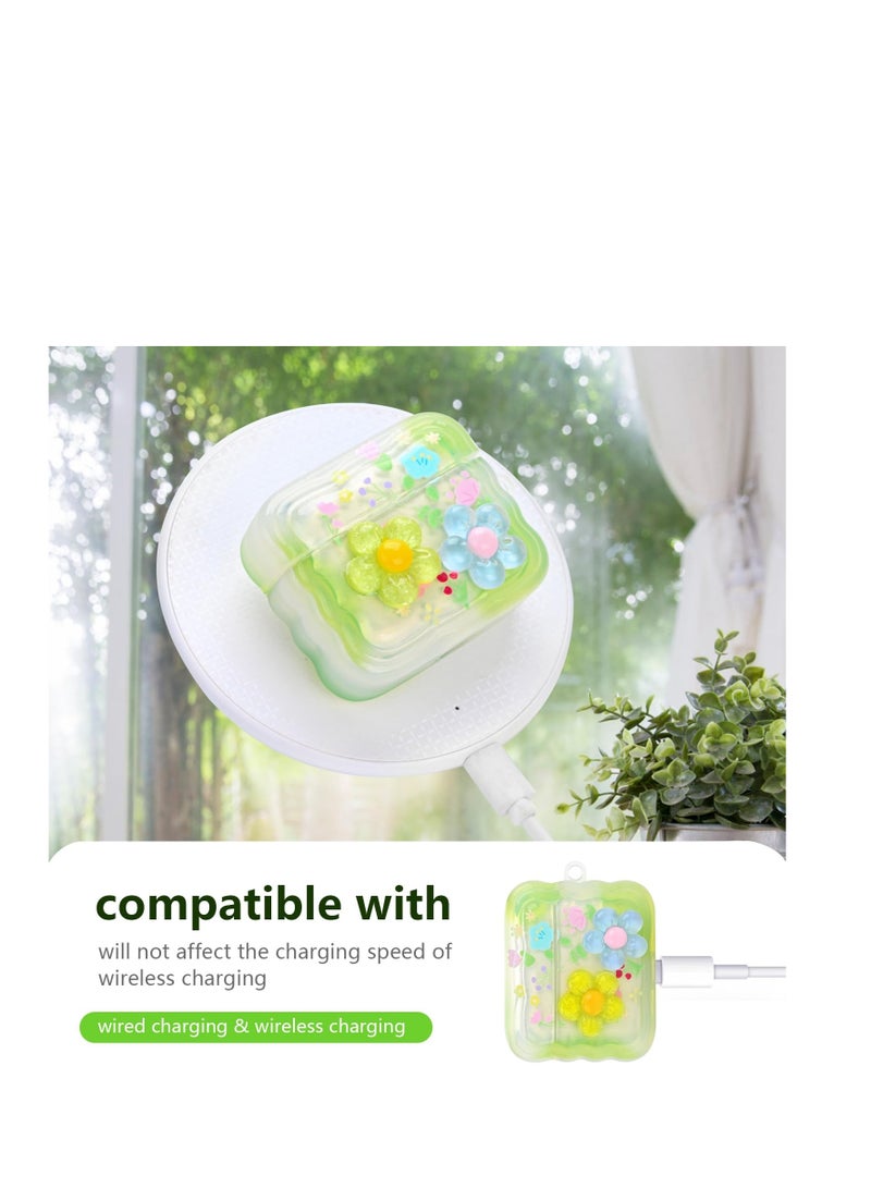 KASTWAVE Cute Cases for AirPods Pro, Curly Wave Frame Shape Flowers Cover with Heart Bead Pendant and Three-dimensional flowers, Girls Girly Liquid Glitter Bling Sparkle Design Case for AirPods Pro, Green - Image 4