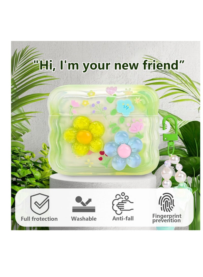KASTWAVE Cute Cases for AirPods Pro, Curly Wave Frame Shape Flowers Cover with Heart Bead Pendant and Three-dimensional flowers, Girls Girly Liquid Glitter Bling Sparkle Design Case for AirPods Pro, Green - Image 2