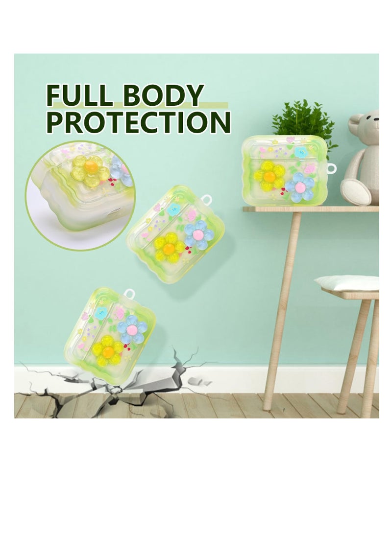 KASTWAVE Cute Cases for AirPods Pro, Curly Wave Frame Shape Flowers Cover with Heart Bead Pendant and Three-dimensional flowers, Girls Girly Liquid Glitter Bling Sparkle Design Case for AirPods Pro, Green - Image 5