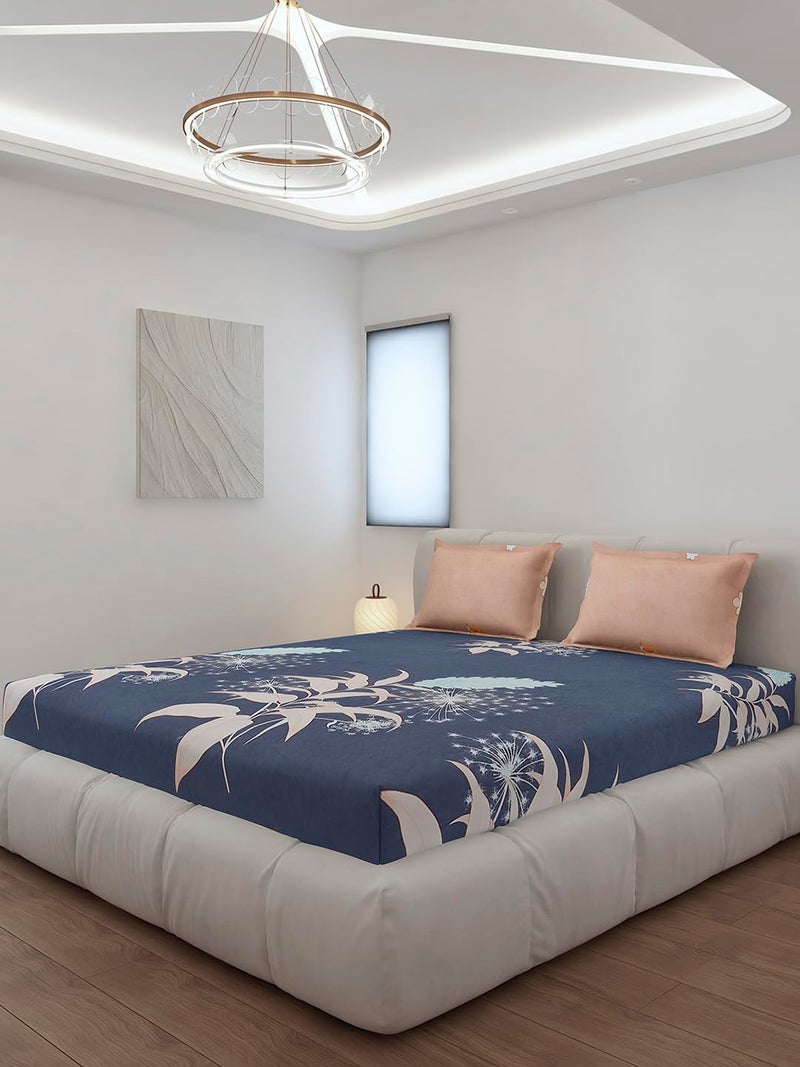 Monte Carlo Blue Printed King Size 130 GSM 1 Fitted Bedsheet with 2 Pillow Cover - Image 1