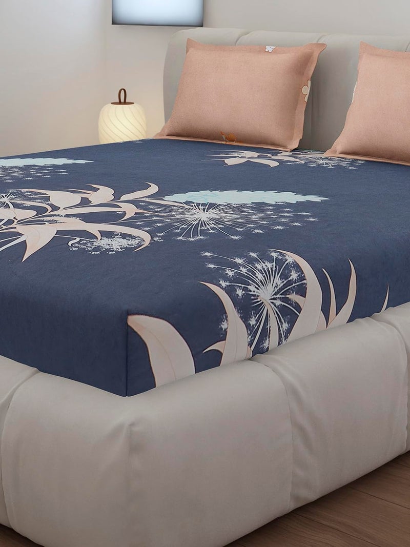 Monte Carlo Blue Printed King Size 130 GSM 1 Fitted Bedsheet with 2 Pillow Cover - Image 4