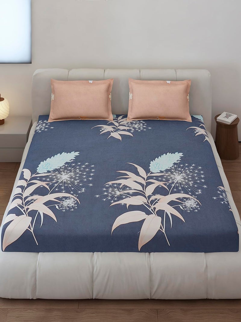 Monte Carlo Blue Printed King Size 130 GSM 1 Fitted Bedsheet with 2 Pillow Cover - Image 2