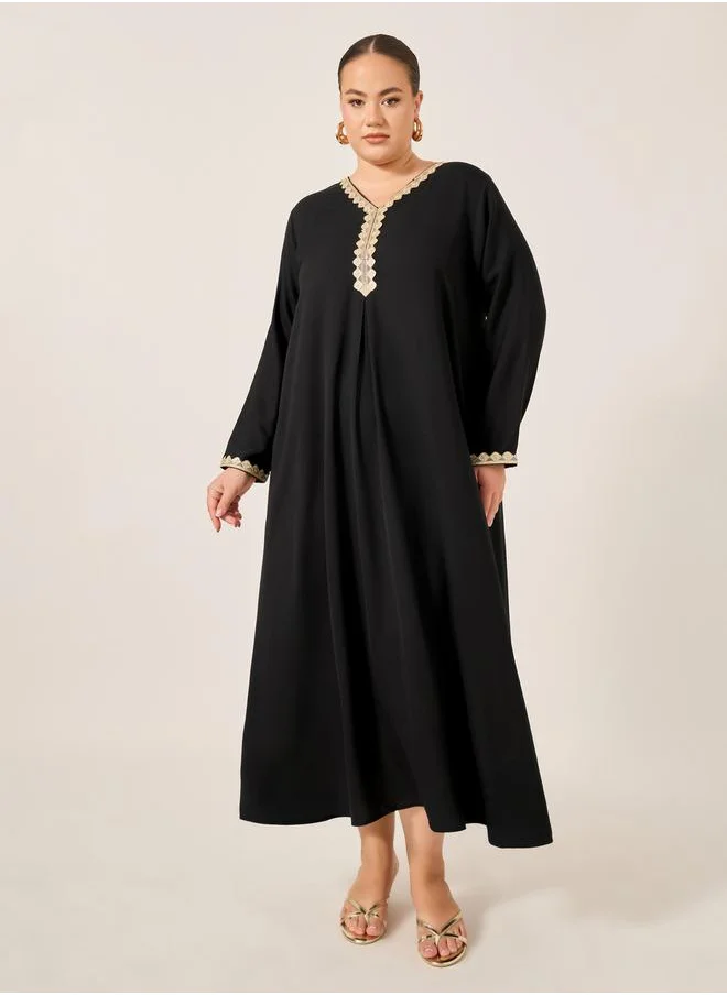Styli Plus Size Lace Detail V Neck Flared Hem Jalabiya