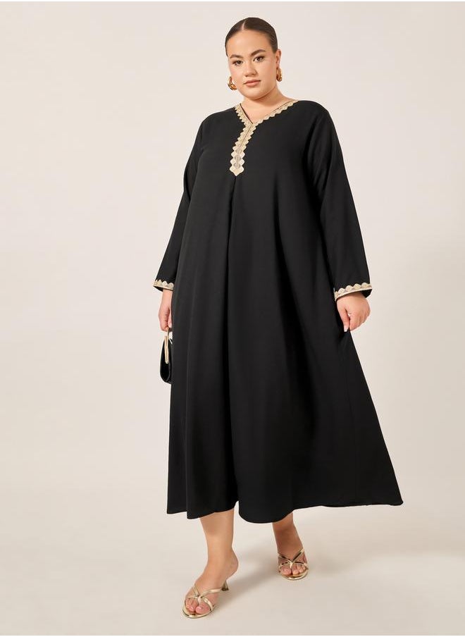 Styli - Plus Size Lace Detail V Neck Flared Hem Jalabiya - Image 1