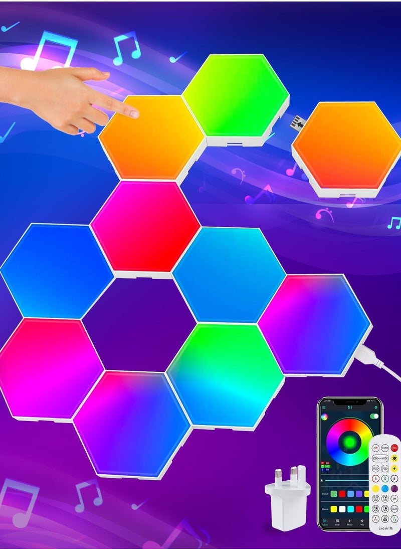 Festive Gallery - Hexagon LED Lights, 10 Pack RGB Led Hexagon Wall Lights Panels, Hexagon Smart Wall Lights with Music Synchronization Function, Hexagon Gaming Lights with App & Remote Control, for Gaming Room Decor - Image 1