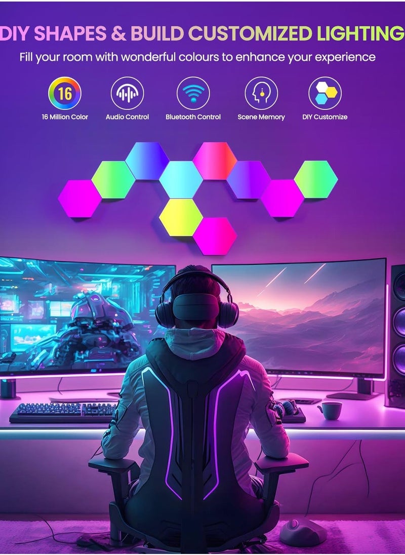 Festive Gallery - Hexagon LED Lights, 10 Pack RGB Led Hexagon Wall Lights Panels, Hexagon Smart Wall Lights with Music Synchronization Function, Hexagon Gaming Lights with App & Remote Control, for Gaming Room Decor - Image 1