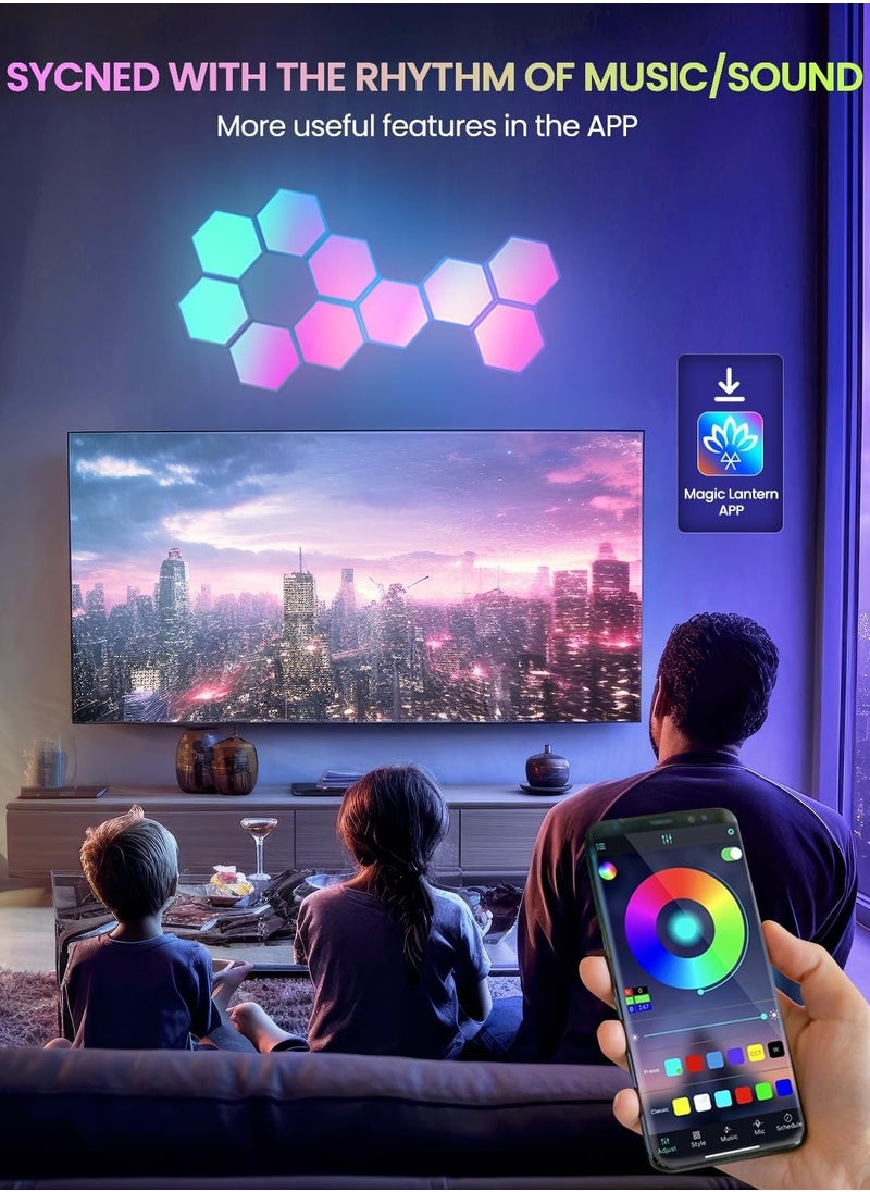 Festive Gallery - Hexagon LED Lights, 10 Pack RGB Led Hexagon Wall Lights Panels, Hexagon Smart Wall Lights with Music Synchronization Function, Hexagon Gaming Lights with App & Remote Control, for Gaming Room Decor - Image 1