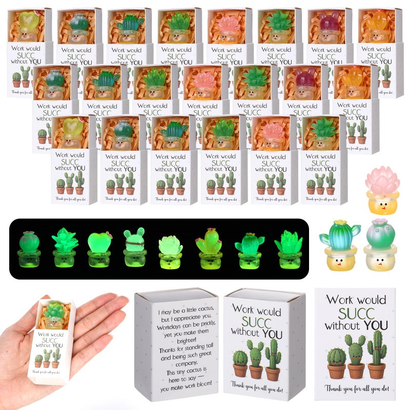 Jenaai 24 Sets Emotional Appreciation Gifts Bulk Mini Resin Cactus Cacti Work Would SUCC Without You Boxes Glow in The Dark Succulent Figurines for Graduation Coworkers Gift Employee Team Favors - Image 1