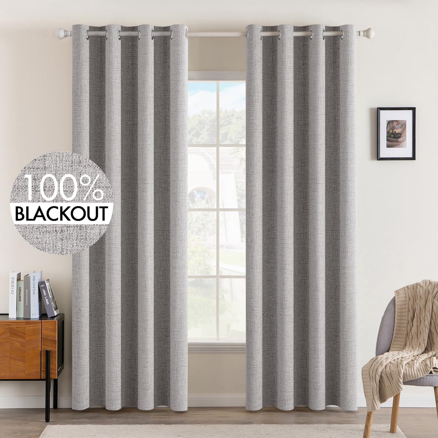 MIULEE Linen Texture 84 Inches Curtains for Bedroom 100% Blackout Thermal Insulated Light Gray Curtains Grommet Room Darkening Drapes for Living Room 52x84 Inch (2 Panels)